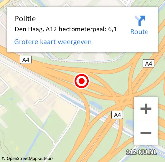 Locatie op kaart van de 112 melding: Politie Leidschendam-Voorburg, A12 hectometerpaal: 6,1 op 27 februari 2023 09:14