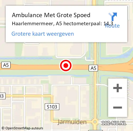 Locatie op kaart van de 112 melding: Ambulance Met Grote Spoed Naar Haarlemmermeer, A5 hectometerpaal: 14,3 op 27 februari 2023 09:52