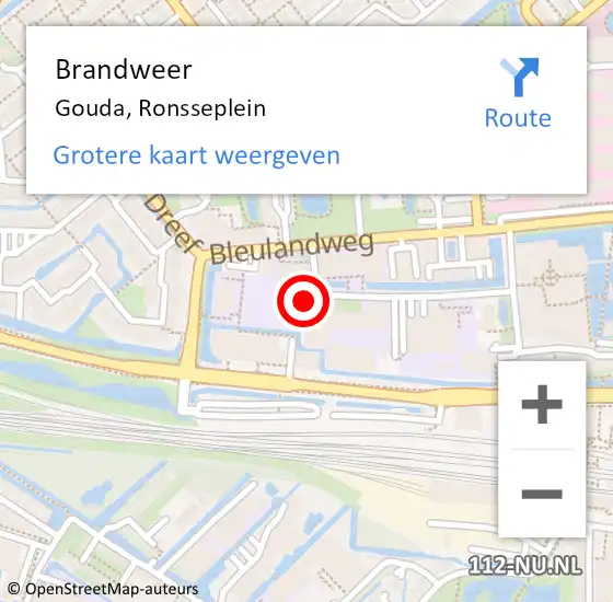 Locatie op kaart van de 112 melding: Brandweer Gouda, Ronsseplein op 27 februari 2023 10:01