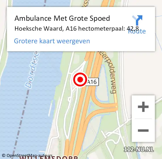 Locatie op kaart van de 112 melding: Ambulance Met Grote Spoed Naar Hoeksche Waard, A16 hectometerpaal: 42,8 op 27 februari 2023 12:14