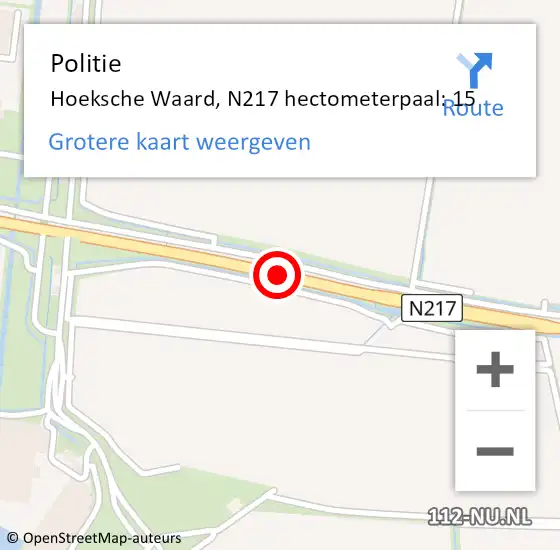 Locatie op kaart van de 112 melding: Politie Hoeksche Waard, N217 hectometerpaal: 15 op 27 februari 2023 15:10