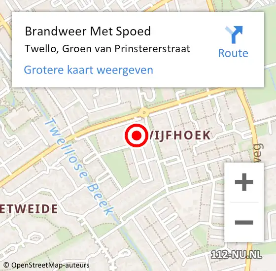 Locatie op kaart van de 112 melding: Brandweer Met Spoed Naar Twello, Groen van Prinstererstraat op 27 februari 2023 19:20