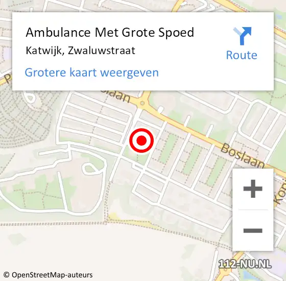 Locatie op kaart van de 112 melding: Ambulance Met Grote Spoed Naar Katwijk, Zwaluwstraat op 27 februari 2023 20:55