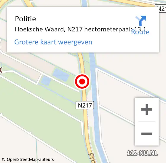 Locatie op kaart van de 112 melding: Politie Hoeksche Waard, N217 hectometerpaal: 13,1 op 27 februari 2023 22:05