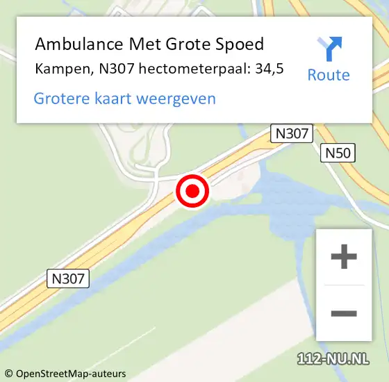 Locatie op kaart van de 112 melding: Ambulance Met Grote Spoed Naar Kampen, N307 hectometerpaal: 34,5 op 27 februari 2023 23:34