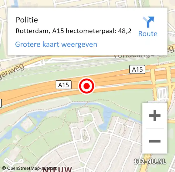 Locatie op kaart van de 112 melding: Politie Rotterdam, A15 hectometerpaal: 48,2 op 28 februari 2023 06:22