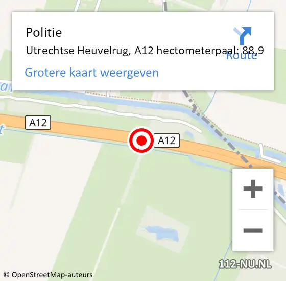Locatie op kaart van de 112 melding: Politie Utrechtse Heuvelrug, A12 hectometerpaal: 88,9 op 28 februari 2023 07:38