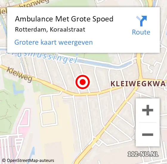 Locatie op kaart van de 112 melding: Ambulance Met Grote Spoed Naar Rotterdam, Koraalstraat op 28 februari 2023 11:17