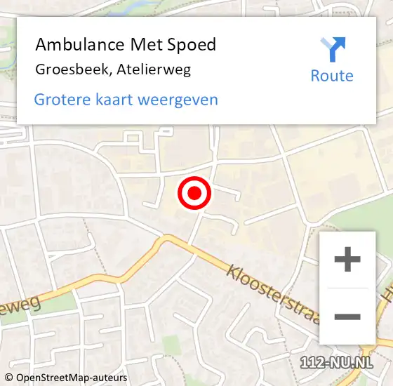 Locatie op kaart van de 112 melding: Ambulance Met Spoed Naar Groesbeek, Atelierweg op 28 februari 2023 11:29