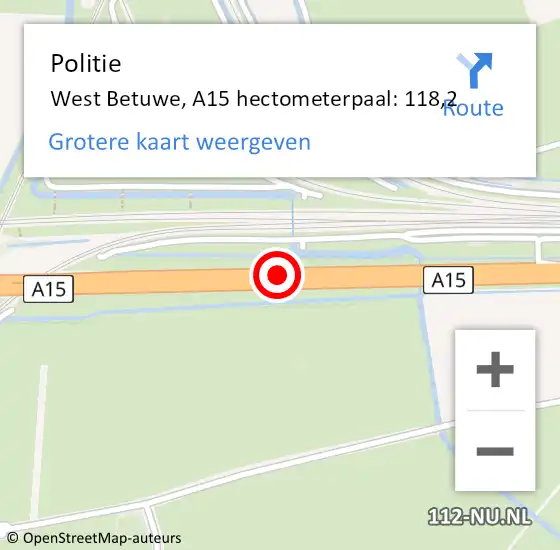 Locatie op kaart van de 112 melding: Politie West Betuwe, A15 hectometerpaal: 118,2 op 28 februari 2023 12:34
