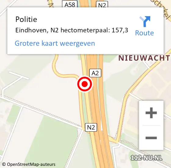 Locatie op kaart van de 112 melding: Politie Eindhoven, N2 hectometerpaal: 157,3 op 28 februari 2023 13:25