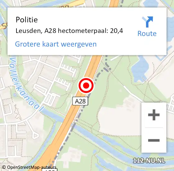 Locatie op kaart van de 112 melding: Politie Leusden, A28 hectometerpaal: 20,4 op 28 februari 2023 15:39