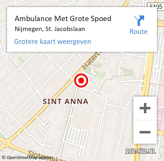 Locatie op kaart van de 112 melding: Ambulance Met Grote Spoed Naar Nijmegen, St. Jacobslaan op 28 februari 2023 18:48
