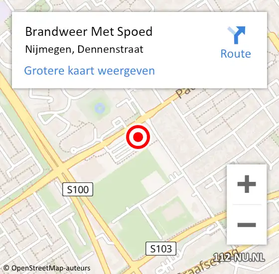 Locatie op kaart van de 112 melding: Brandweer Met Spoed Naar Nijmegen, Dennenstraat op 28 februari 2023 21:19