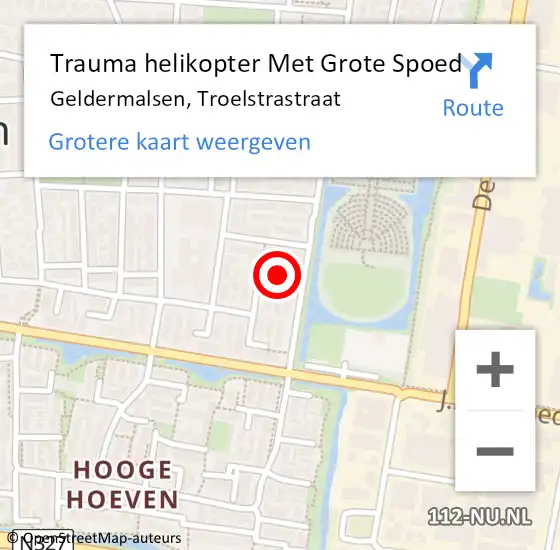 Locatie op kaart van de 112 melding: Trauma helikopter Met Grote Spoed Naar Geldermalsen, Troelstrastraat op 28 februari 2023 21:34