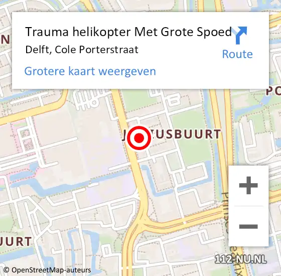 Locatie op kaart van de 112 melding: Trauma helikopter Met Grote Spoed Naar Delft, Cole Porterstraat op 28 februari 2023 22:25