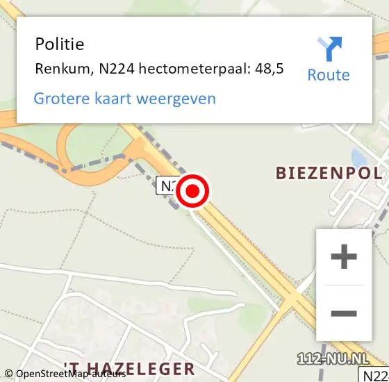 Locatie op kaart van de 112 melding: Politie Renkum, N224 hectometerpaal: 48,5 op 1 maart 2023 03:57