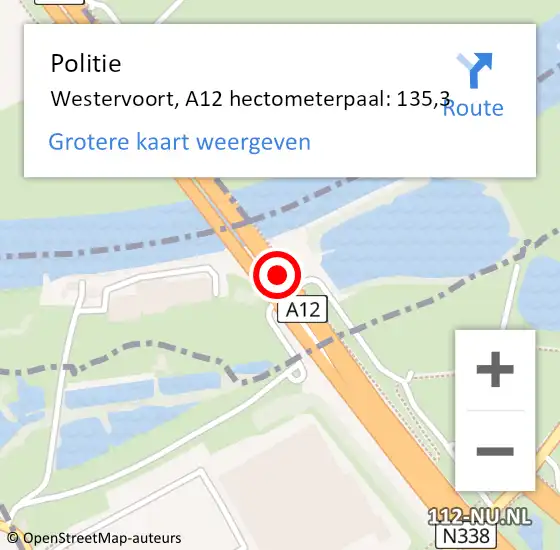 Locatie op kaart van de 112 melding: Politie Westervoort, A12 hectometerpaal: 135,3 op 1 maart 2023 06:04