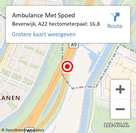 Locatie op kaart van de 112 melding: Ambulance Met Spoed Naar Beverwijk, A22 hectometerpaal: 16,8 op 1 maart 2023 06:06