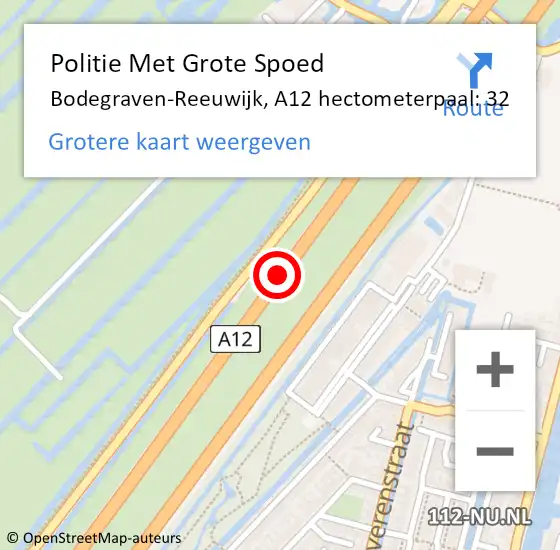 Locatie op kaart van de 112 melding: Politie Met Grote Spoed Naar Bodegraven-Reeuwijk, A12 hectometerpaal: 32 op 1 maart 2023 06:45