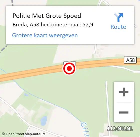 Locatie op kaart van de 112 melding: Politie Met Grote Spoed Naar Gilze en Rijen, A58 hectometerpaal: 52,9 op 1 maart 2023 08:14