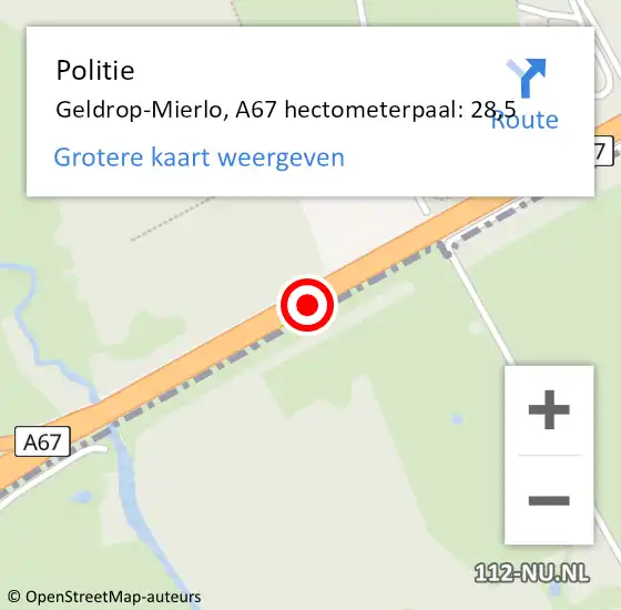 Locatie op kaart van de 112 melding: Politie Geldrop-Mierlo, A67 hectometerpaal: 28,5 op 1 maart 2023 08:16