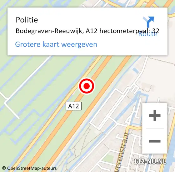 Locatie op kaart van de 112 melding: Politie Bodegraven-Reeuwijk, A12 hectometerpaal: 32 op 1 maart 2023 08:55