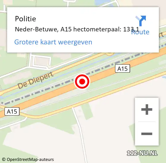 Locatie op kaart van de 112 melding: Politie Neder-Betuwe, A15 hectometerpaal: 133,1 op 1 maart 2023 09:01