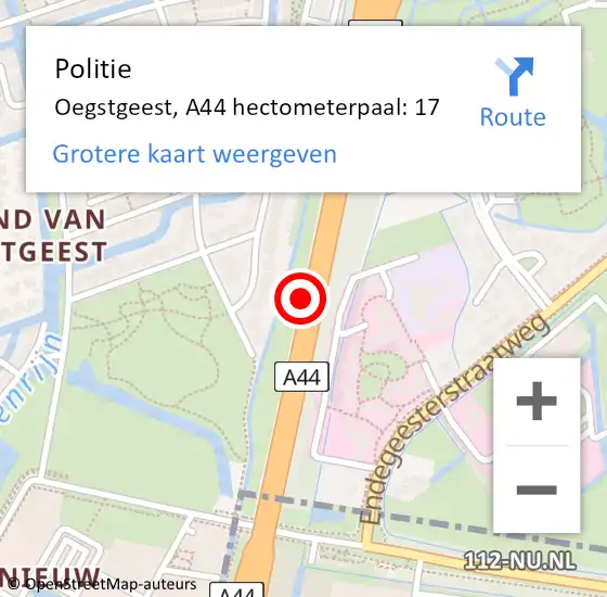 Locatie op kaart van de 112 melding: Politie Oegstgeest, A44 hectometerpaal: 17 op 1 maart 2023 09:22