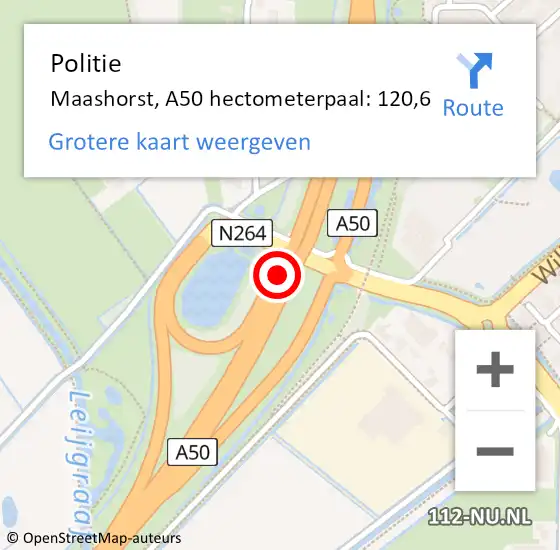 Locatie op kaart van de 112 melding: Politie Maashorst, A50 hectometerpaal: 120,6 op 1 maart 2023 11:07