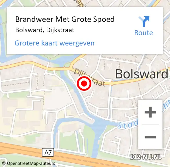 Locatie op kaart van de 112 melding: Brandweer Met Grote Spoed Naar Bolsward, Dijkstraat op 1 maart 2023 12:37