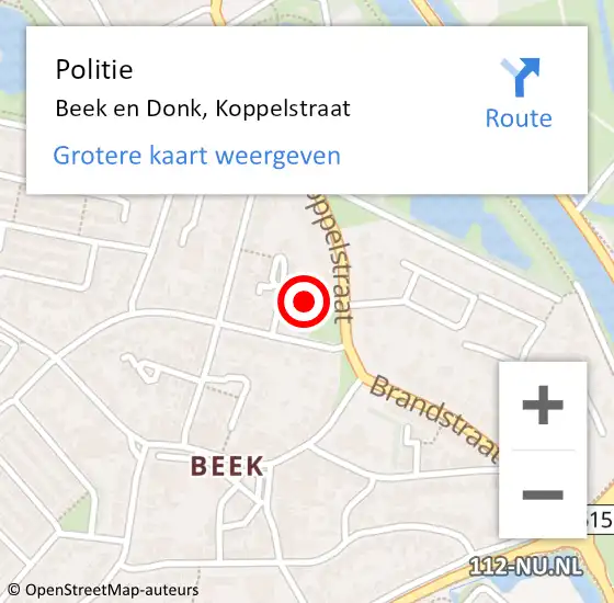 Locatie op kaart van de 112 melding: Politie Beek en Donk, Koppelstraat op 1 maart 2023 12:41