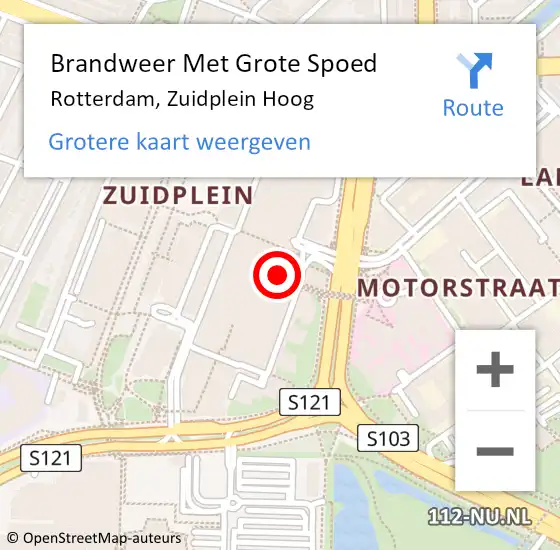 Locatie op kaart van de 112 melding: Brandweer Met Grote Spoed Naar Rotterdam, Zuidplein Hoog op 1 maart 2023 14:58