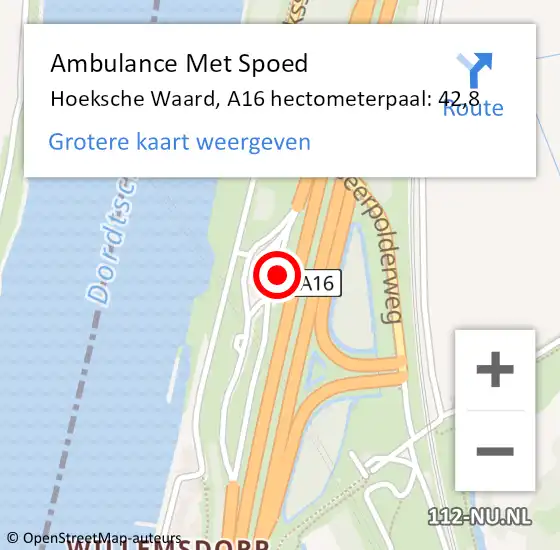 Locatie op kaart van de 112 melding: Ambulance Met Spoed Naar Hoeksche Waard, A16 hectometerpaal: 42,8 op 1 maart 2023 16:24