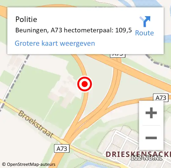 Locatie op kaart van de 112 melding: Politie Beuningen, A73 hectometerpaal: 109,5 op 1 maart 2023 16:27