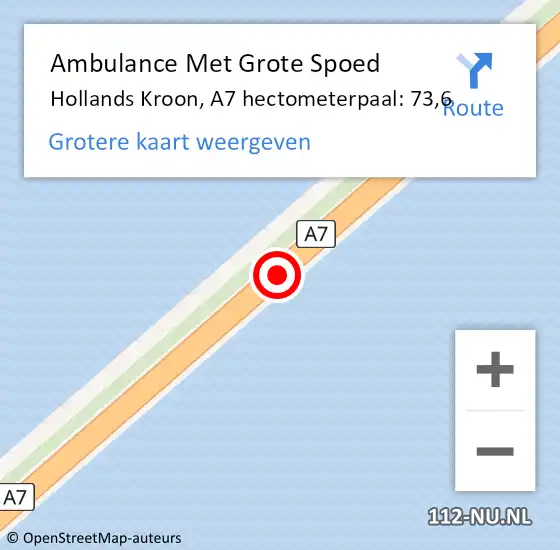 Locatie op kaart van de 112 melding: Ambulance Met Grote Spoed Naar Hollands Kroon, A7 hectometerpaal: 73,6 op 1 maart 2023 16:57