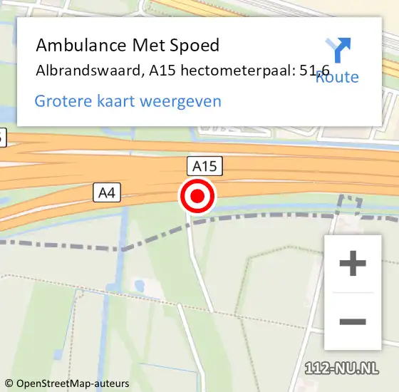 Locatie op kaart van de 112 melding: Ambulance Met Spoed Naar Albrandswaard, A15 hectometerpaal: 51,6 op 1 maart 2023 17:14