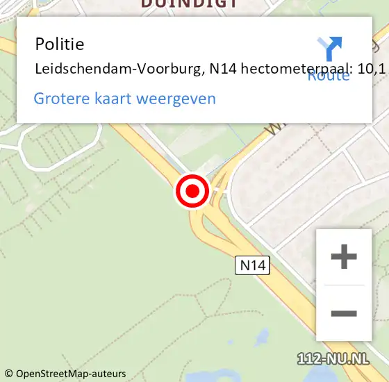 Locatie op kaart van de 112 melding: Politie Leidschendam-Voorburg, N14 hectometerpaal: 10,1 op 1 maart 2023 17:31