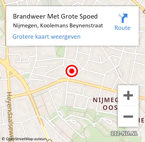 Locatie op kaart van de 112 melding: Brandweer Met Grote Spoed Naar Nijmegen, Koolemans Beynenstraat op 1 maart 2023 19:31