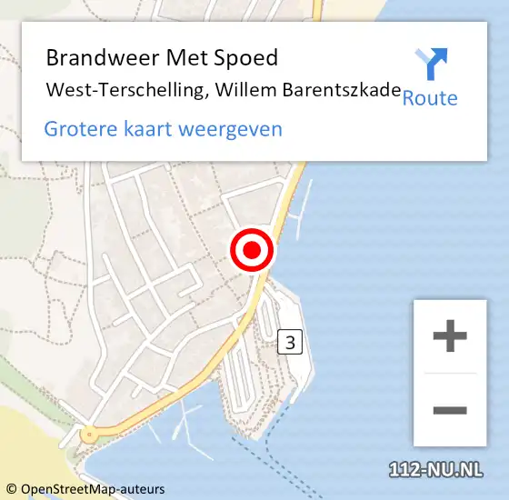 Locatie op kaart van de 112 melding: Brandweer Met Spoed Naar West-Terschelling, Willem Barentszkade op 1 maart 2023 20:38