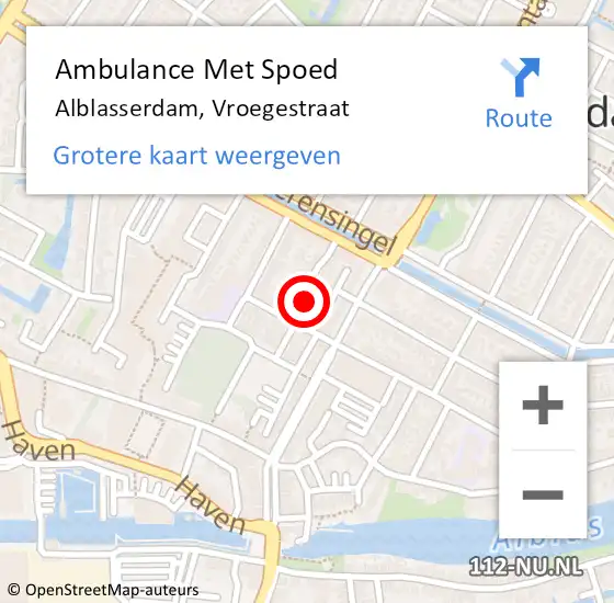 Locatie op kaart van de 112 melding: Ambulance Met Spoed Naar Alblasserdam, Vroegestraat op 1 maart 2023 22:00