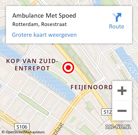 Locatie op kaart van de 112 melding: Ambulance Met Spoed Naar Rotterdam, Rosestraat op 2 maart 2023 01:46