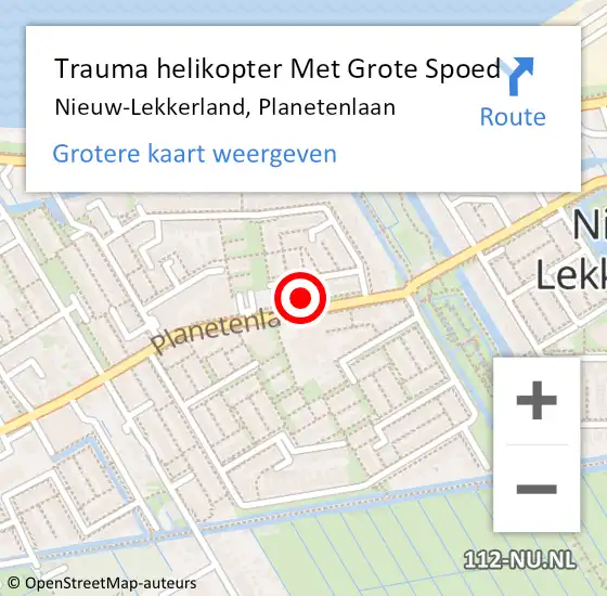 Locatie op kaart van de 112 melding: Trauma helikopter Met Grote Spoed Naar Nieuw-Lekkerland, Planetenlaan op 2 maart 2023 07:47