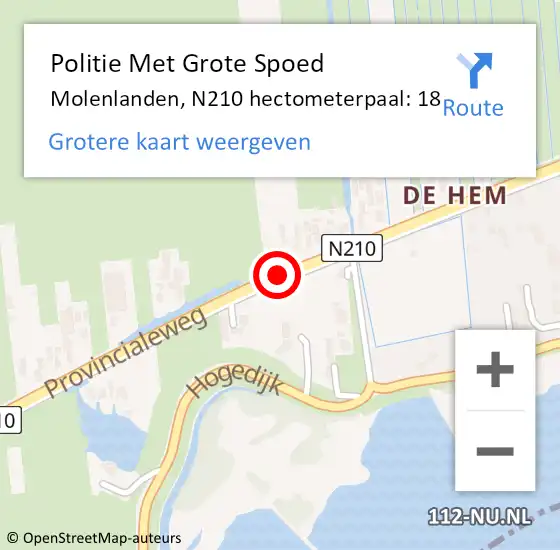 Locatie op kaart van de 112 melding: Politie Met Grote Spoed Naar Molenlanden, N210 hectometerpaal: 18 op 2 maart 2023 08:21