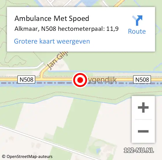 Locatie op kaart van de 112 melding: Ambulance Met Spoed Naar Alkmaar, N508 hectometerpaal: 11,9 op 2 maart 2023 11:11
