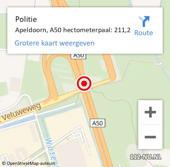 Locatie op kaart van de 112 melding: Politie Apeldoorn, A50 hectometerpaal: 211,2 op 2 maart 2023 16:17