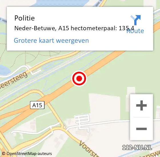 Locatie op kaart van de 112 melding: Politie Neder-Betuwe, A15 hectometerpaal: 135,4 op 2 maart 2023 16:37