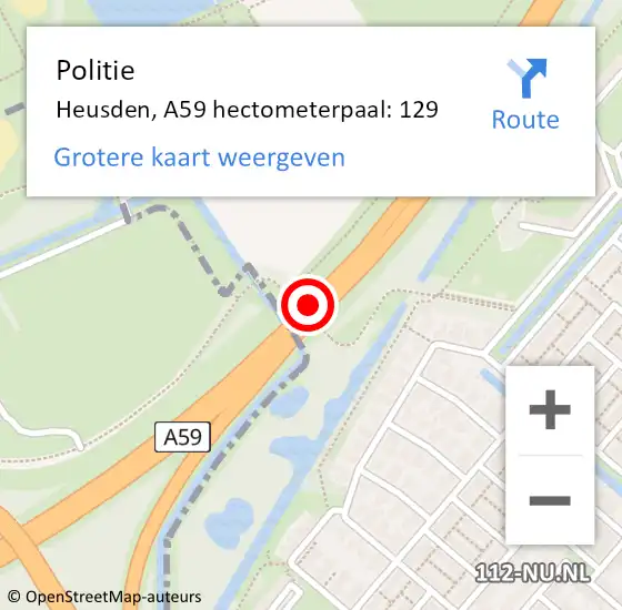 Locatie op kaart van de 112 melding: Politie Heusden, A59 hectometerpaal: 129 op 2 maart 2023 17:22