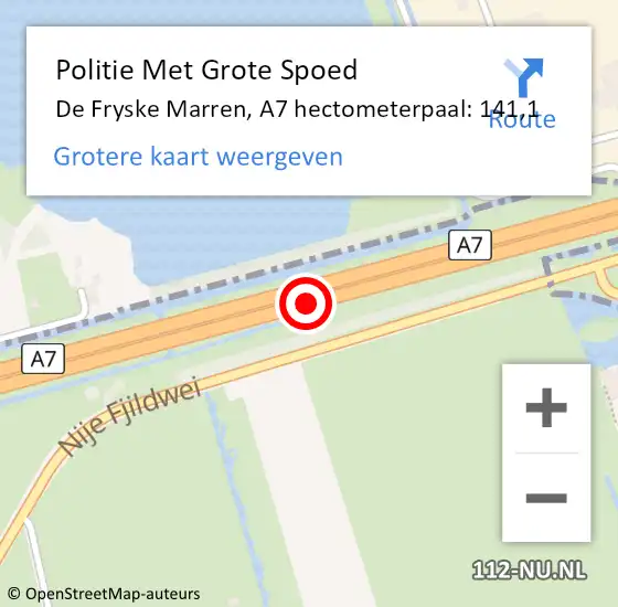 Locatie op kaart van de 112 melding: Politie Met Grote Spoed Naar De Fryske Marren, A7 hectometerpaal: 141,1 op 2 maart 2023 17:30