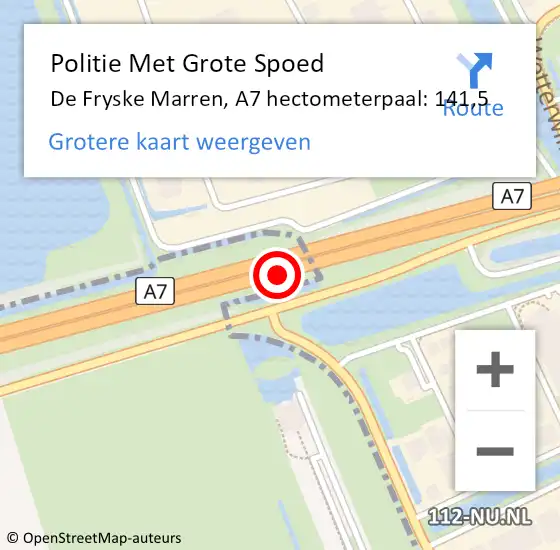 Locatie op kaart van de 112 melding: Politie Met Grote Spoed Naar De Fryske Marren, A7 hectometerpaal: 141,5 op 2 maart 2023 17:31